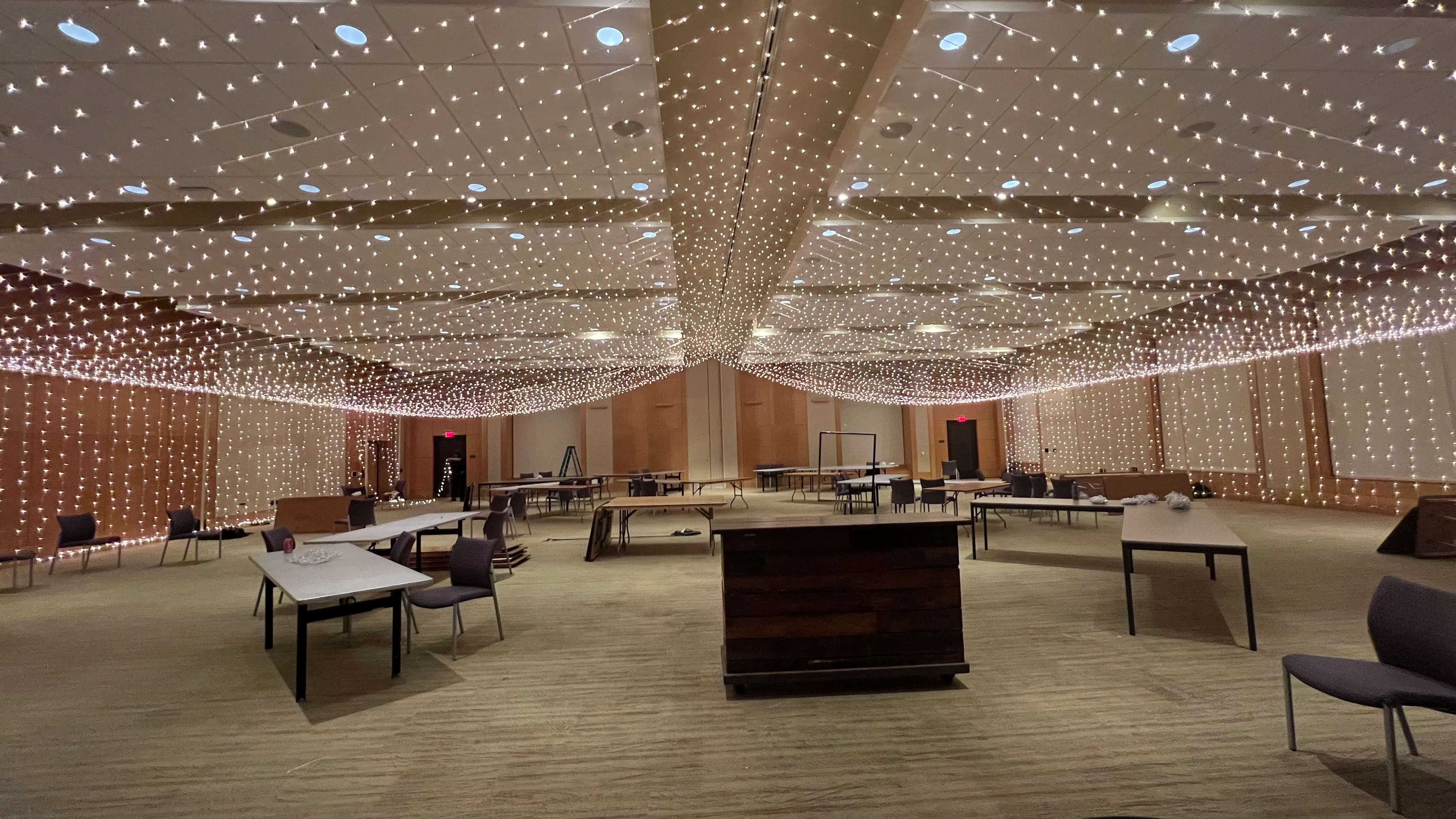 Ballroom ceiling filled edge to edge with a twinkle light canopy